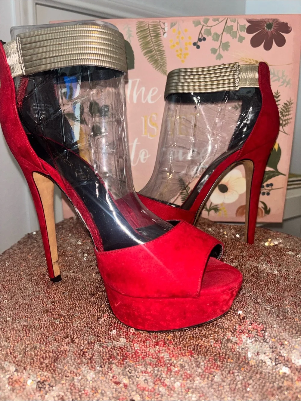Aldo Red Suede Platform Peep-Toe Heels with Gold Ankle Detail